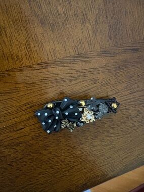 Black Polka Dot Bow junked Hair Clip with Gold Accents